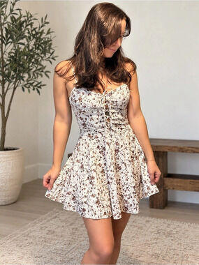 Full Tilt Floral Lace Up Mini Dress White Brown Size S